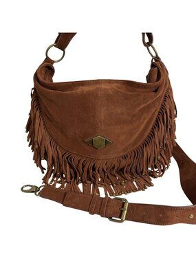 Luxe Rachel Zoe Brown Suede Slouchy Shoulder Handbag w/ Fringe Western Boho